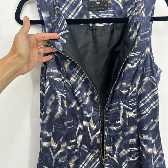 Cue Australia dress size US 8 blue geometric pockets ballon skirt wedding guest - Picture 3 of 12